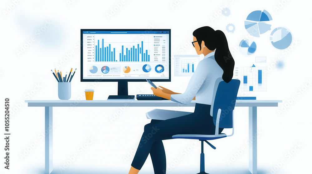 woman analyzing data on large screen, surrounded by charts and graphs, showcasing her focus and analytical skills woman analyzing data on large screen, surrounded by charts and graphs, showcasing her focus and analytical skills