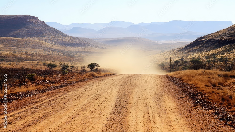 A lonely road through an arid region, dust swirling in the air as the dry wind sweeps across the cracked earth A lonely road through an arid region, dust swirling in the air as the dry wind sweeps across the cracked earth