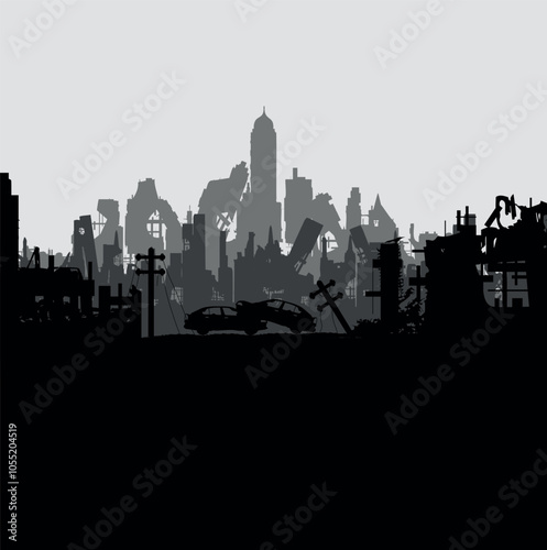 Silhouette of a destroyed city. Collapsed ruined houses. Vector	
