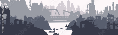 Silhouette of a destroyed city. Collapsed ruined houses. Vector	
