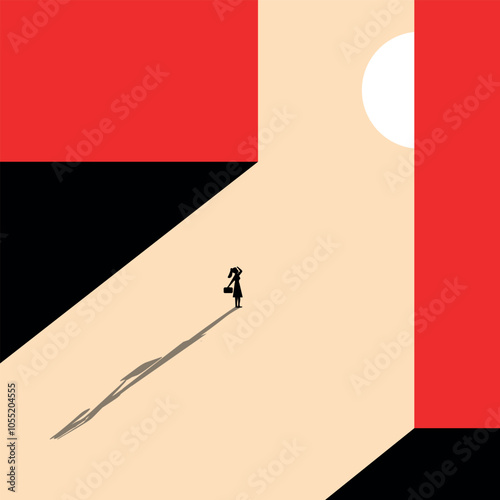 A look into a bright future. Business or career opportunity concept. Businessman at the gates of heaven. A symbol of a new job, new opportunities, career growth. Business minimalism. Vector graphics