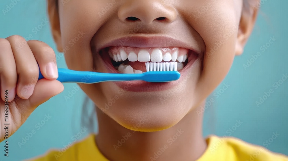 Close-up of a smiling child brushing their teeth with a blue toothbrush, promoting dental hygiene and healthy habits in children. Close-up of a smiling child brushing their teeth with a blue toothbrush, promoting dental hygiene and healthy habits in children.