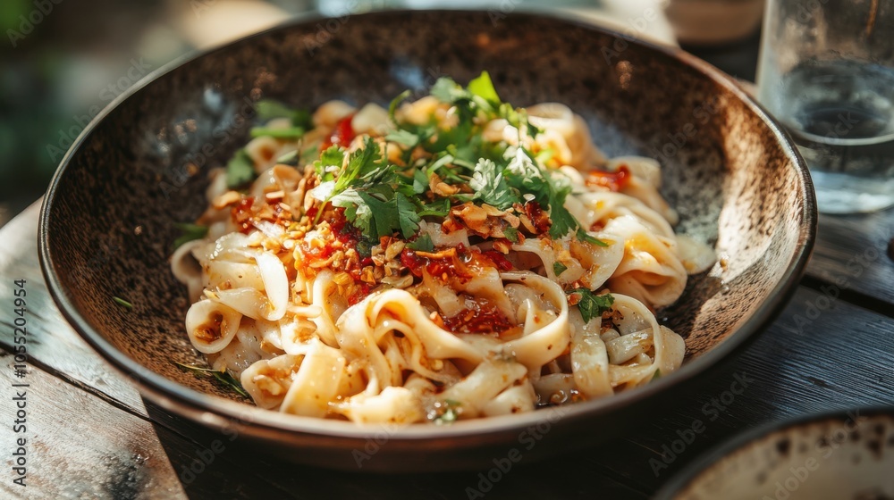 A beautifully plated dish of Yunnan rice noodles with spicy sauce A beautifully plated dish of Yunnan rice noodles with spicy sauce