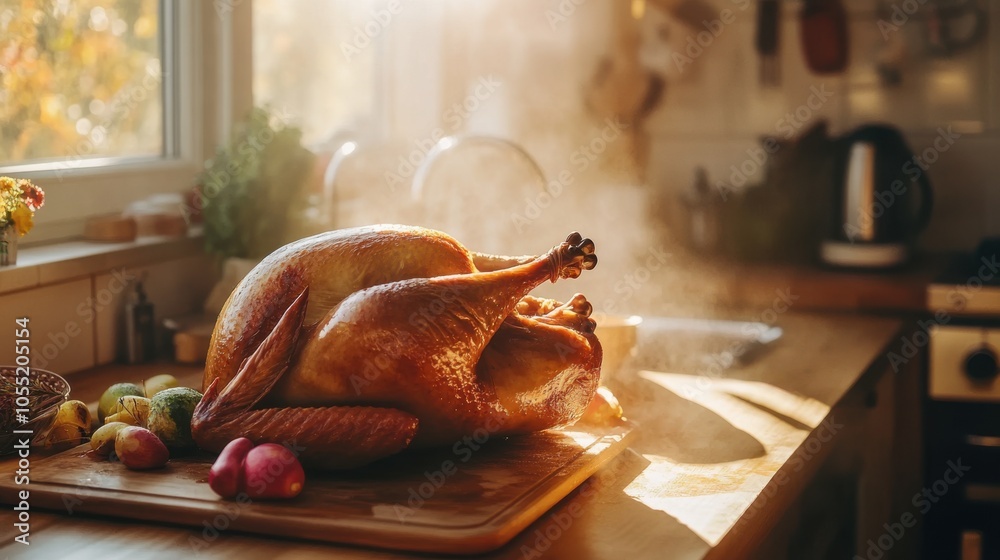 A beautifully roasted turkey resting on a cutting board, A beautifully roasted turkey resting on a cutting board,