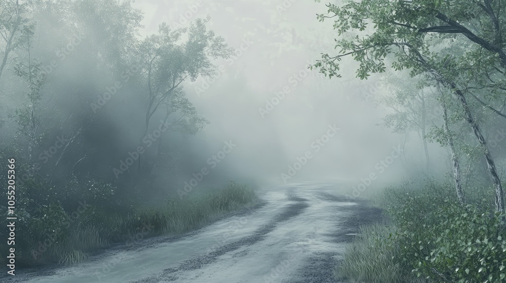 Obraz premium A misty morning scene of a road covered in ash, with hints of green vegetation struggling to emerge through the gray blanket.