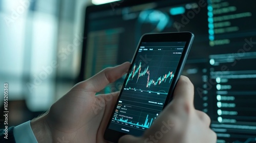 A person's hands hold a smartphone displaying a stock market chart, while a large computer monitor shows a similar chart in the background.