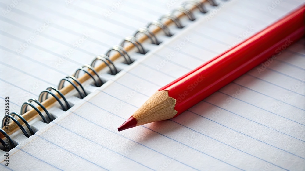 Bright red pencil lying over blank notebook page close up , education, school, writing utensil Bright red pencil lying over blank notebook page close up , education, school, writing utensil