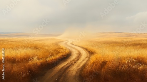 A narrow dirt road covered in fine dust, snaking through a flat, open plain with golden grasses swaying in the wind