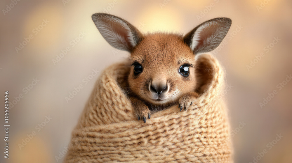 Obraz premium Adorable baby kangaroo peeking from cozy knitted blanket, showcasing its big eyes and soft fur, evoking warmth and cuteness