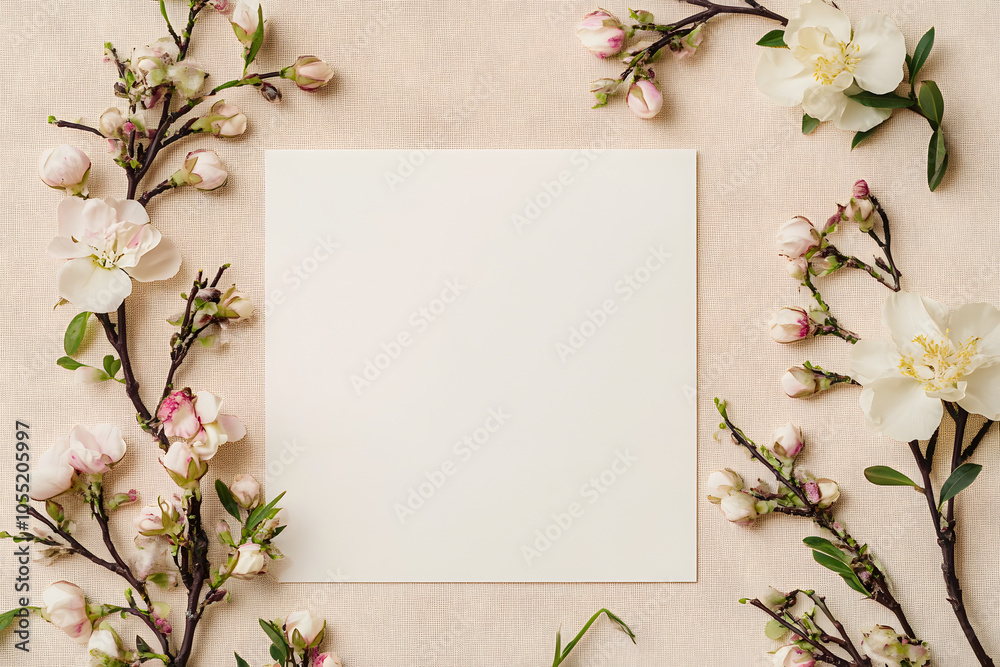 Empty white paper blank, flowers, branches on beige background. Wedding branding mock up, holiday marketing concept. Empty white paper blank, flowers, branches on beige background. Wedding branding mock up, holiday marketing concept.