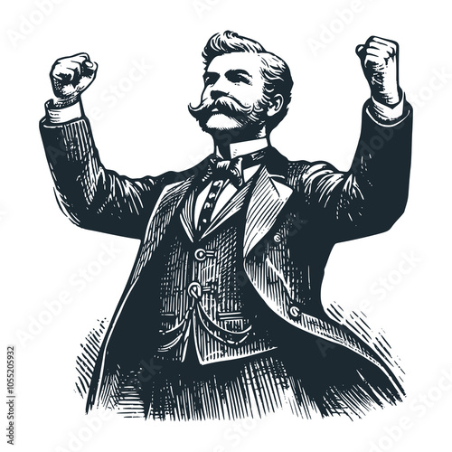 The man raised both his hands. black white vector illustration.