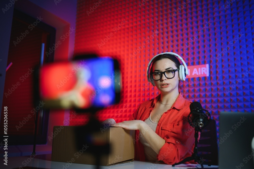 A young blogger girl records a video and unpacks a box with goods from an online store
