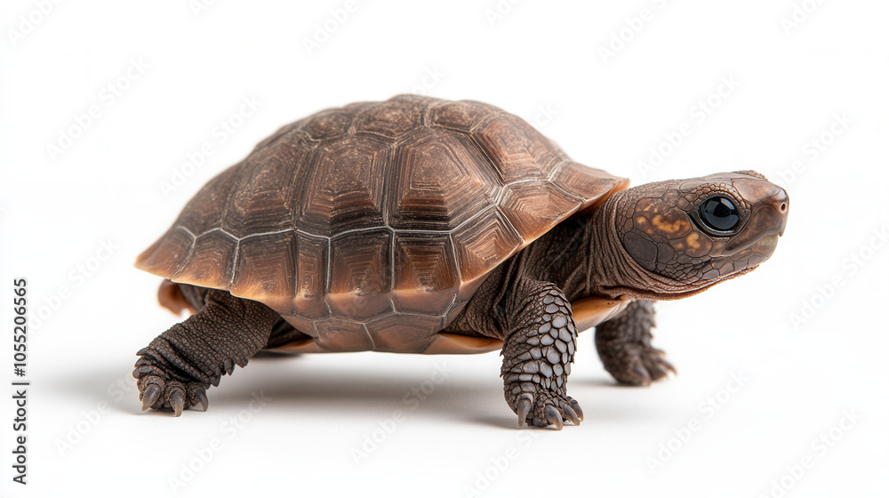 Obraz premium Adorable baby tortoise slowly walking with curious expression, showcasing its unique shell and features. This charming creature captures essence of nature beauty