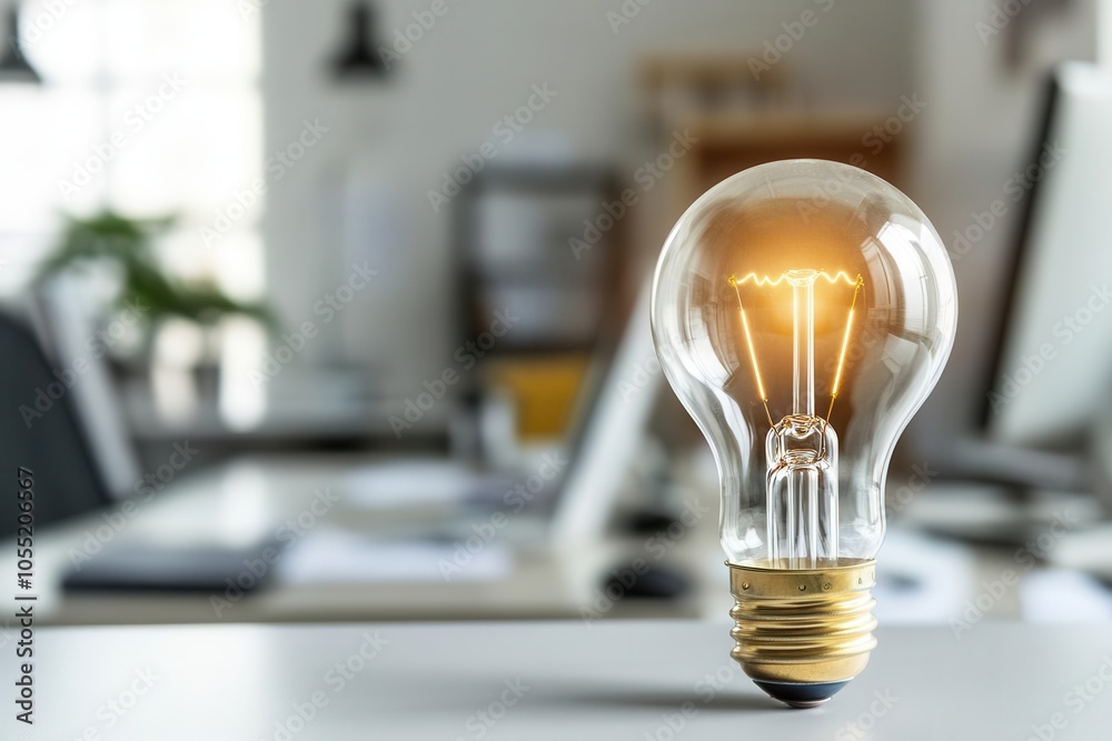 Modern office setup with light bulb on desk, symbolizing creative leadership Modern office setup with light bulb on desk, symbolizing creative leadership