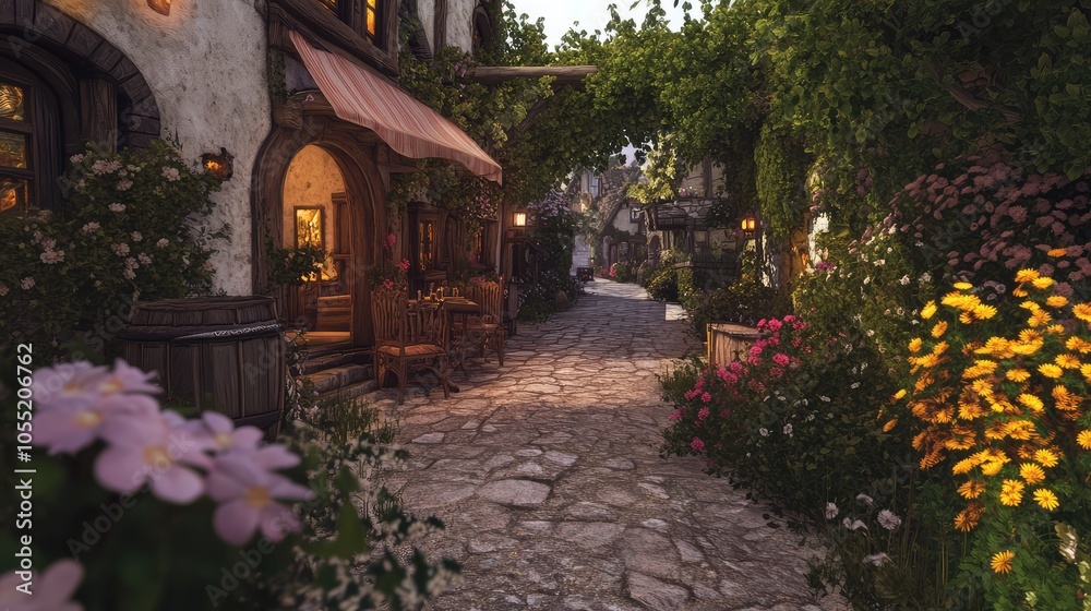 A narrow road leading to an inviting village tavern, surrounded by blooming flowers and the aroma of fresh bread. A narrow road leading to an inviting village tavern, surrounded by blooming flowers and the aroma of fresh bread.