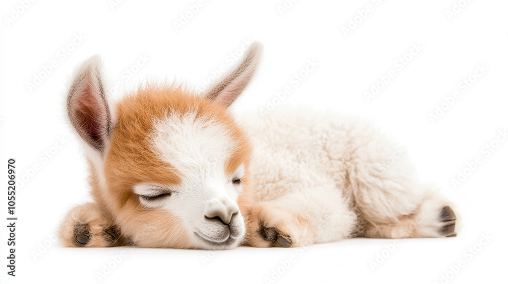 Obraz premium Charming baby llama sleeping peacefully with soft, fluffy fur. This adorable creature showcases mix of white and light brown colors, embodying tranquility and cuteness