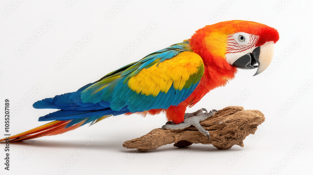 Vibrant macaw perched on branch, showcasing bright red, yellow, and blue feathers. This stunning bird exudes charm and beauty in its natural pose Vibrant macaw perched on branch, showcasing bright red, yellow, and blue feathers. This stunning bird exudes charm and beauty in its natural pose