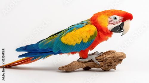 Vibrant macaw perched on branch, showcasing bright red, yellow, and blue feathers. This stunning bird exudes charm and beauty in its natural pose