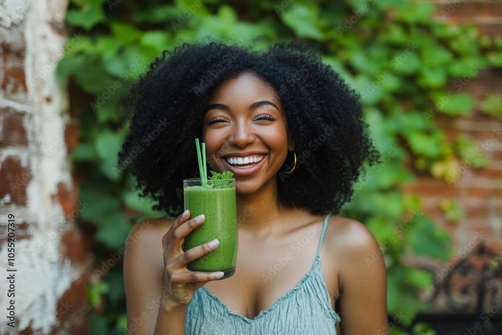 Fototapeta premium Happy young woman with afro hair smiling and holding a healthy green smoothie outdoors