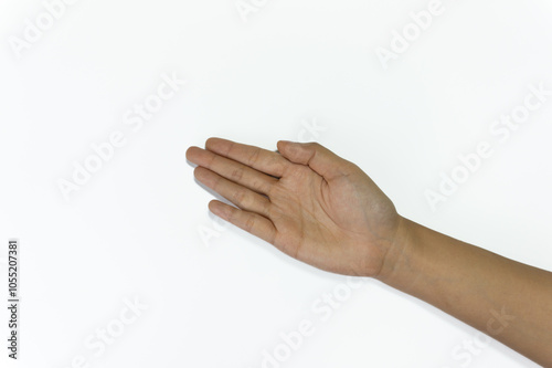 Fotografie hand and arm gesture designed to hold or present an invisible object or product