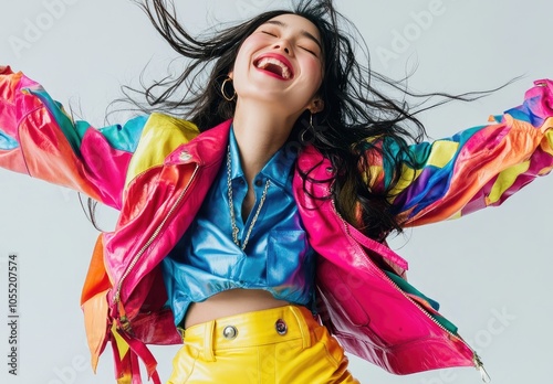 an Asian woman wearing yellow leather pants, a colorful jacket, and a blue shirt, laughing while dancing on a white background.