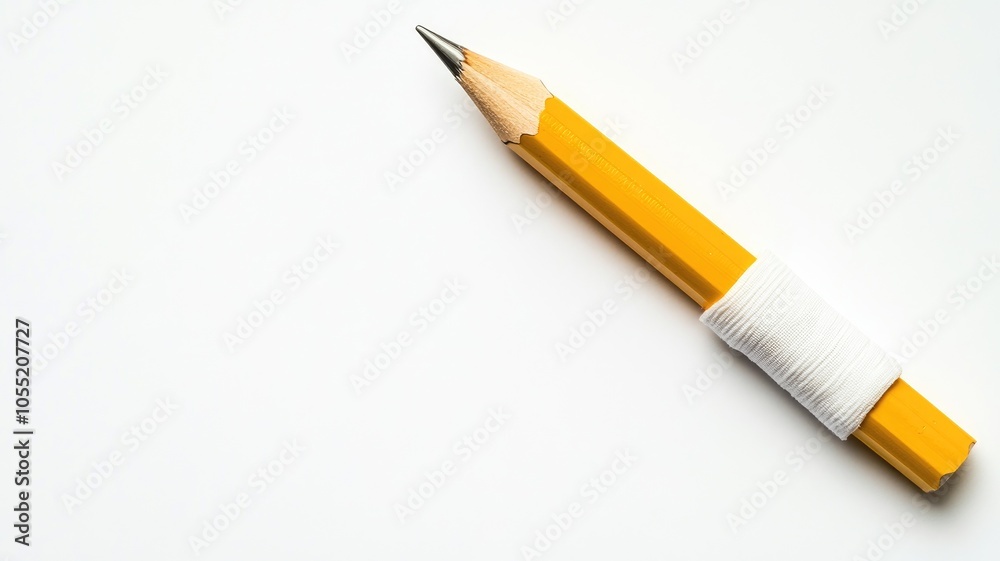 Yellow pencil with white bandage on blank background Yellow pencil with white bandage on blank background