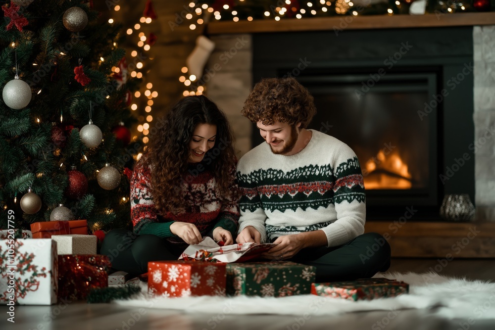 A joyful couple in cozy sweaters sitting on the floor near a Christmas tree and fireplace, unwrapping festive presents together in a warm and intimate holiday setting A joyful couple in cozy sweaters sitting on the floor near a Christmas tree and fireplace, unwrapping festive presents together in a warm and intimate holiday setting