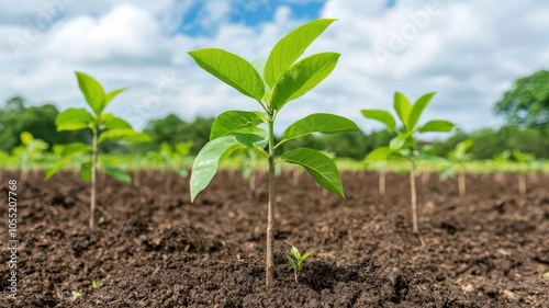 Replanted forest with healthy new trees, forest restoration, symbolizing the success of ecological recovery initiatives