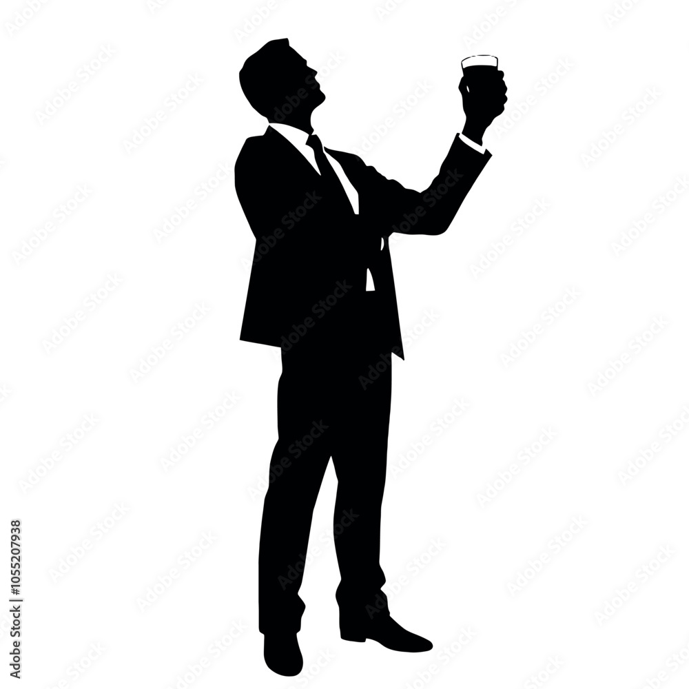 A businessman silhouette raising a cup in a toast, as if celebrating a business success A businessman silhouette raising a cup in a toast, as if celebrating a business success