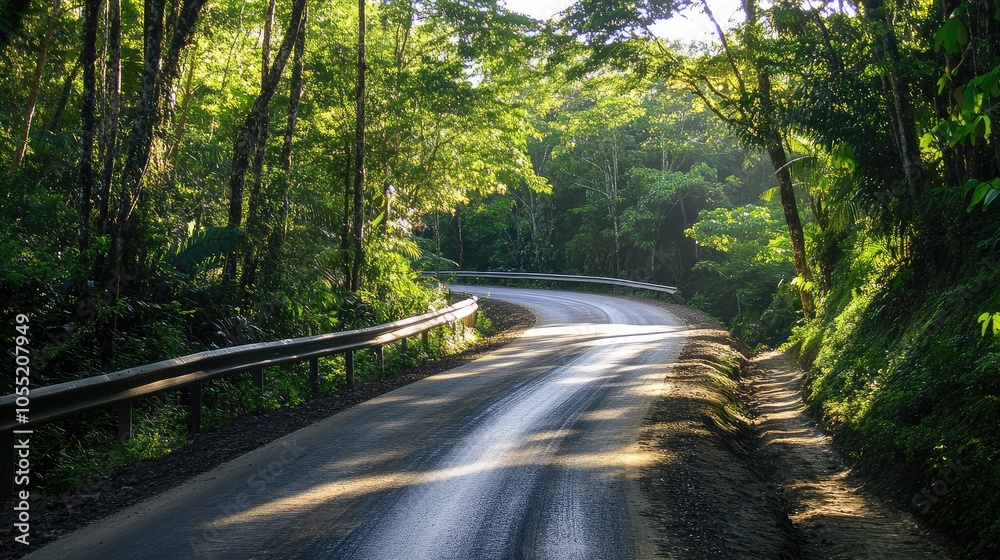 Fototapeta premium A paved road with a metal guardrail on one side, curving through a dense forest with sunlight filtering through the trees
