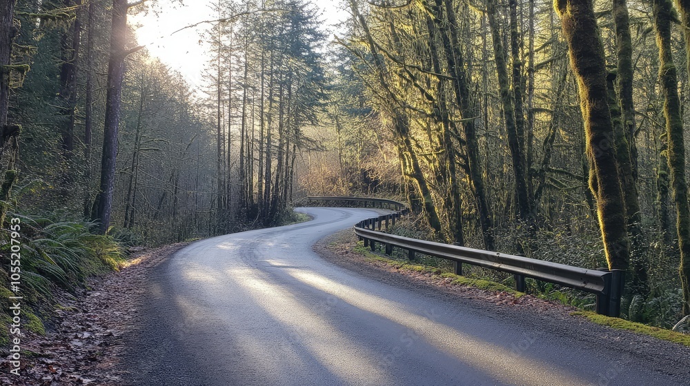 Obraz premium A paved road with a metal guardrail on one side, curving through a dense forest with sunlight filtering through the trees