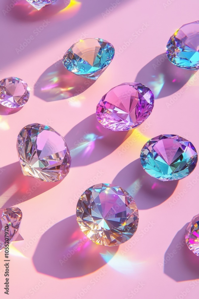 Colorful diamonds scattering iridescent light on a pink background create a luxurious and glamorous atmosphere Colorful diamonds scattering iridescent light on a pink background create a luxurious and glamorous atmosphere