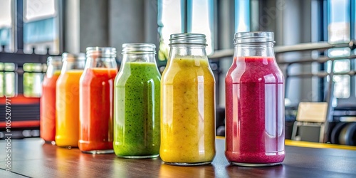 Colorful glass bottles filled with smoothies on a gym background, smoothie, colorful, glass bottles, liquid, gym, healthy