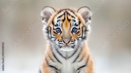 Cute 4 month old baby tiger with bright blue eyes, showcasing its playful nature and adorable features. This young tiger captivates with its striking stripes and curious expression