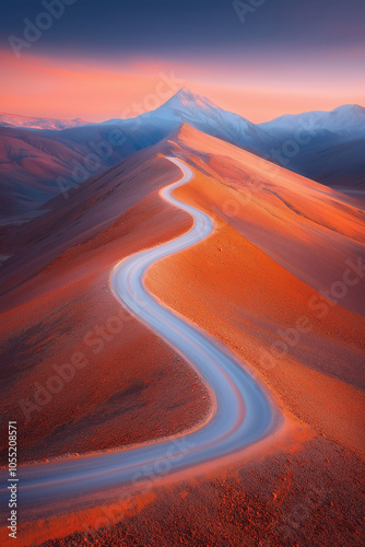 A winding road leads up a mountain under a colorful sky at sunrise.