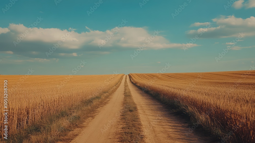 Fototapeta premium A quiet dirt road in the middle of an open field, stretching for miles with no sign of human presence