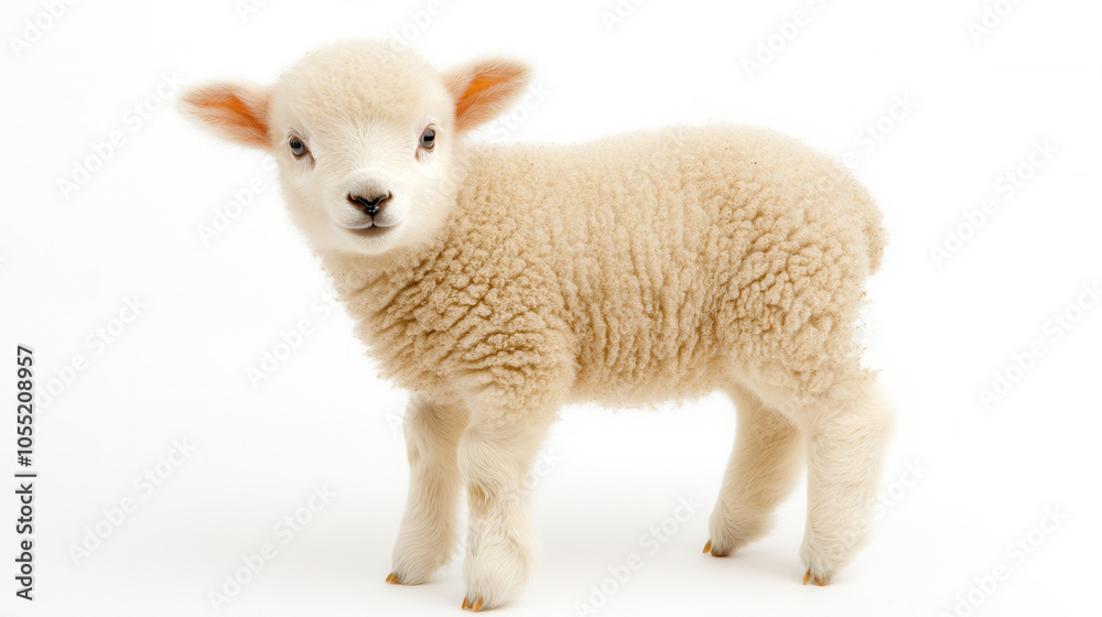 Cute 4 month old lamb with soft wool, standing on white background, exuding playful and innocent charm. This adorable animal captures hearts effortlessly Cute 4 month old lamb with soft wool, standing on white background, exuding playful and innocent charm. This adorable animal captures hearts effortlessly