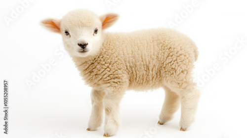 Cute 4 month old lamb with soft wool, standing on white background, exuding playful and innocent charm. This adorable animal captures hearts effortlessly