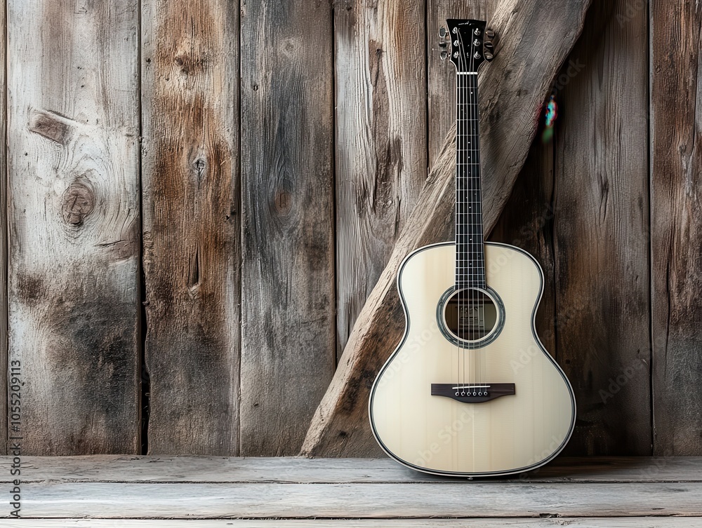 Obraz premium Acoustic Guitar Against Rustic Wooden Background.