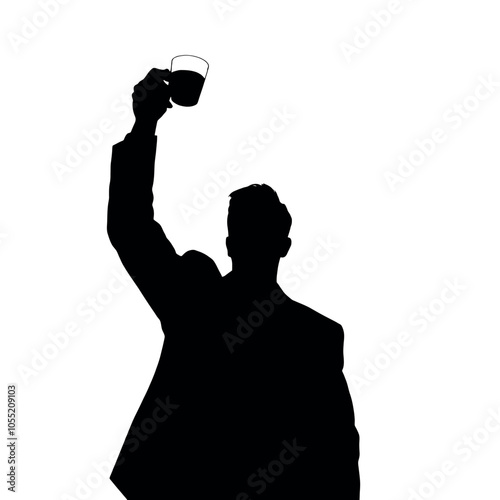 A businessman silhouette raising a cup in a toast, as if celebrating a business success