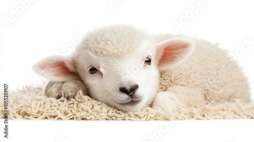 cute 4 month old lamb with soft wool resting on fluffy surface, exuding sense of calm and innocence. This adorable animal is perfect for nature and farm themed projects photo