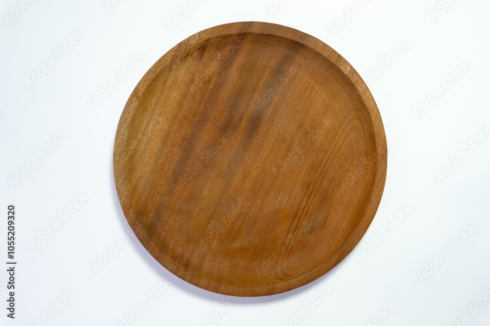Wooden Plate isolated on white background with a top angle setup