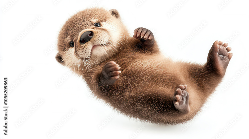Playful baby otter floating on its back, showcasing its adorable features and fluffy fur. This charming creature exudes joy and curiosity in serene setting Playful baby otter floating on its back, showcasing its adorable features and fluffy fur. This charming creature exudes joy and curiosity in serene setting