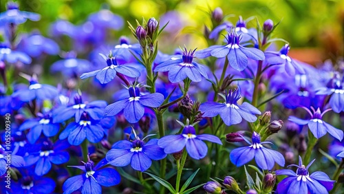 Lobelia flower with blue buds and purple petals in a summer garden bed, Lobelia, flower, blue, buds, garden, summer, floral, plant photo