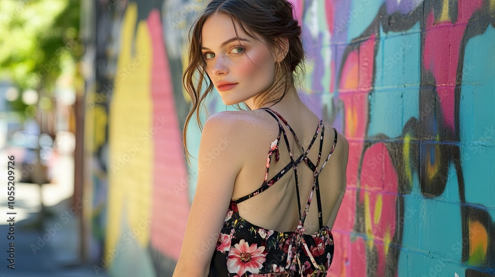 Fototapeta premium Stylish Model Posing Against Colorful Mural Background