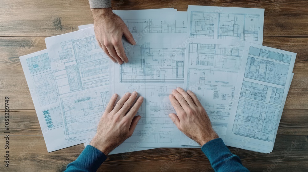 Obraz premium Hands arranging multiple blueprints and planning papers on table, detailed shot, photorealistic