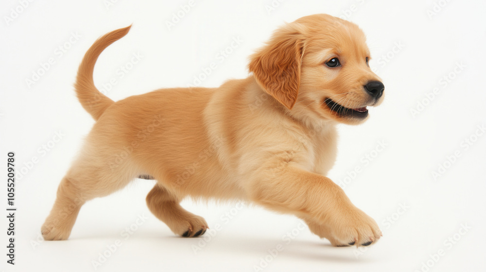 Playful golden retriever puppy running joyfully across white background, showcasing its fluffy fur and cheerful expression Playful golden retriever puppy running joyfully across white background, showcasing its fluffy fur and cheerful expression