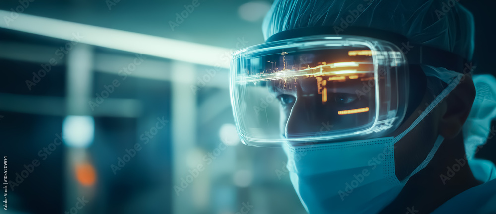 Focused view of a surgeon equipped with a virtual reality headset, depicting futuristic healthcare technology. The VR display shows detailed diagnostic data in a medical environment. Focused view of a surgeon equipped with a virtual reality headset, depicting futuristic healthcare technology. The VR display shows detailed diagnostic data in a medical environment.