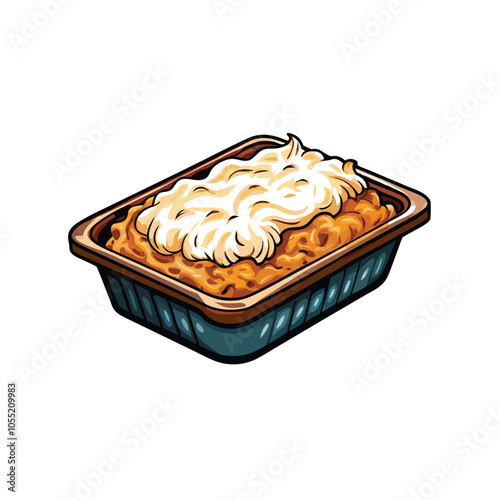 A frozen shepherd's pie in a clear plastic tray, ready to be heated and served.