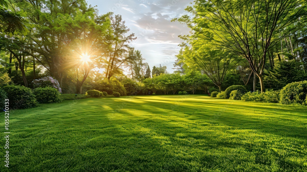 Obraz premium Beautiful Landscape nature background panorama image of spring nature with surrounded by trees against a blue sky with clouds on a bright sunny day.